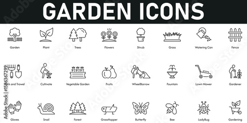 Garden Icons vector illustration with thin line editable stroke containing gardening, butterfly, forest, snail, fruits, cultivate, fence, grass, shrub, trees, plant, flowers, fountain, ladybug, bee.