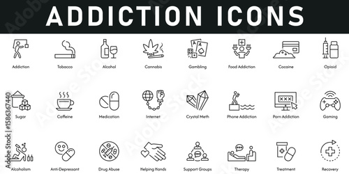 Addiction Icons vector illustration with thin line editable stroke containing recovery, treatment, helping hands, phone, food addiction, therapy, sugar, cocaine, gambling, tobacco, cannabis, caffeine.