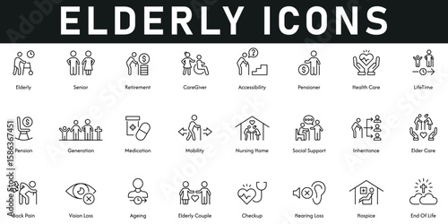 Elderly Icons vector illustration with thin line editable stroke containing lifetime, healthcare, pensioner, accessibility, caregiver, senior, generation, mobility, back pain, vision loss, hospice.