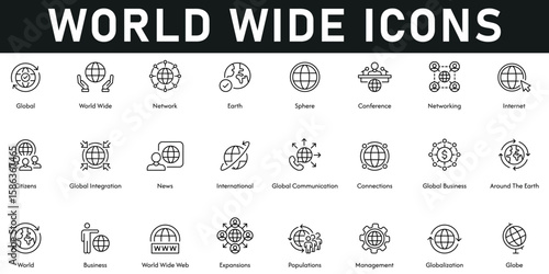 World Wide Icons vector illustration with thin line editable stroke containing globe, globalization, population, expansion, world, connection, international, global integration, citizens, internet.
