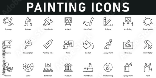Painting Icons vector illustration with thin line editable stroke containing spray paint, paint brush, exhibition, color, drawing, bucket, artist, painting tube, imagination, canvas, paint stain.