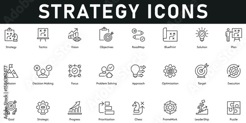 Strategy Icons vector illustration with thin line editable stroke containing puzzle, leadership, framework, chess, prioritization, progress, goal, execution, optimization, approach, problem solving.