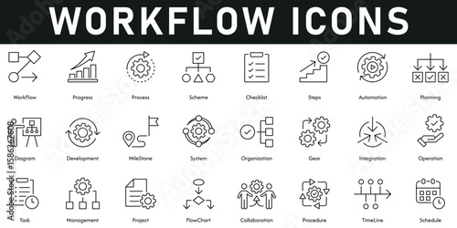 Workflow Icons vector illustration with thin line editable stroke containing schedule, timeline, process, collaboration, flowchart, management, operation, integration, checklist, planning, automation.