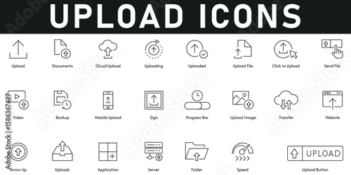 Upload Icons vector illustration with thin line editable stroke containing speed, folder, server, application, arrow up, website, transfer, sign, backup, video, send files, upload files, uploading.