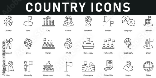 Country Icons vector illustration with thin line editable stroke containing global, region, citizenship, countryside, flag, government, map, geography, nationality, democracy, embassy, language, land