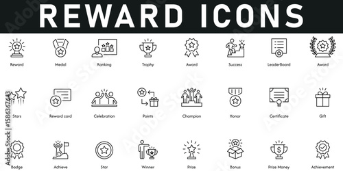 Reward Icons vector illustration with thin line editable stroke containing achievement, price money, bonus, winner, star, badge, gift, certificate, honor, champion, points, ranking, medal, success.