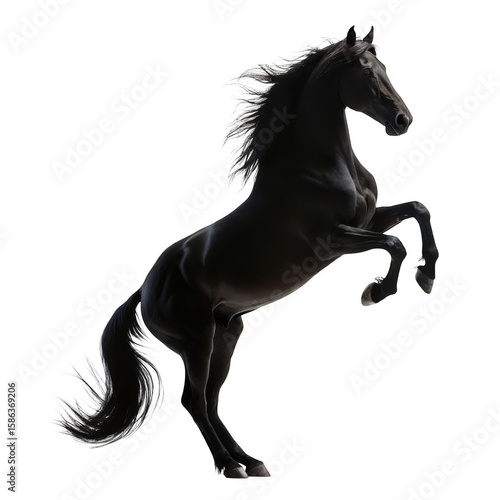 A majestic black horse rears up on its hind legs transparent background