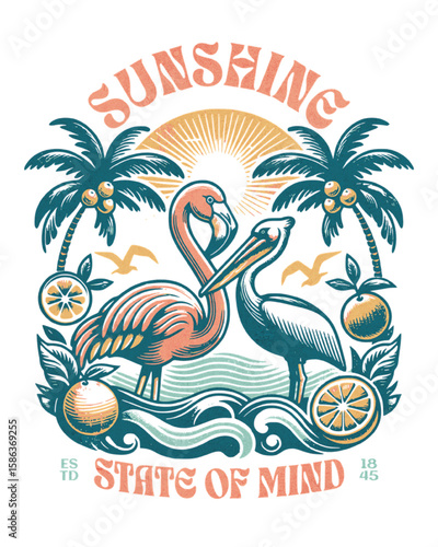 Flamingo pelican palm trees citrus ocean waves orange