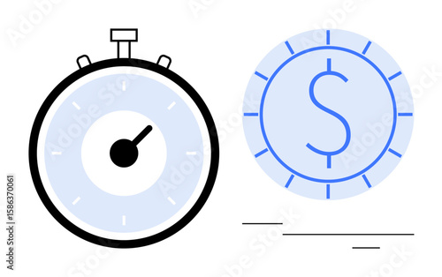 Stopwatch with a ticking hand beside a dollar coin emphasizing the relationship between time and money. Ideal for productivity, time tracking, budgeting, financial planning, efficiency, cost-saving