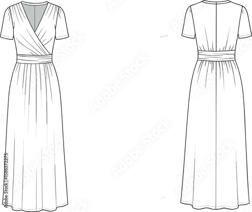 Technical flat sketches of women's apparel: a sleeveless wide-leg jumpsuit with pockets and an elasticated waist, alongside an off-shoulder maxi dress with a relaxed silhouette, 