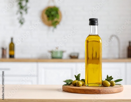 Olive oil bottle on wooden surface