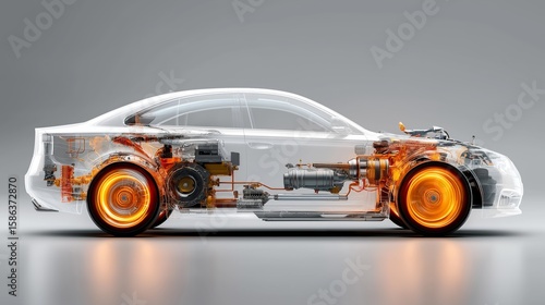 Transparent electric car revealing glowing wheels, detailed motor structure and internal systems highlighting innovative automotive design, Generative AI