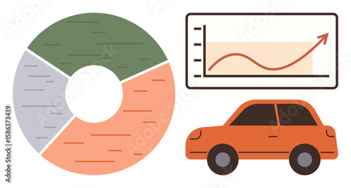 Pie chart, upward trend graph, and car illustration combine to show growth, analysis, and transportation insights. Ideal for business, economy, transportation, sustainability mobility data