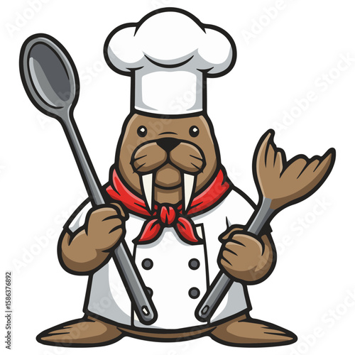 Delightful Walrus Chef Mascot with Spoon and Whisk – Perfect for Restaurants, Food Blogs, Culinary Schools, and Delicious Food-Related Brands.
