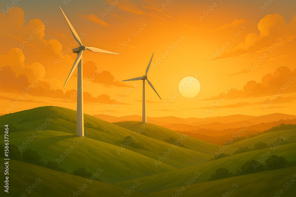 Obraz premium Wind turbines on rolling hills during a vibrant sunset