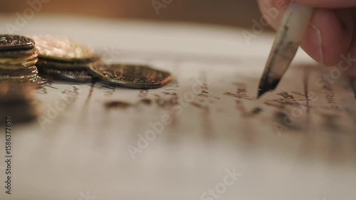 macro of 18th century coins and writing with quill pen
