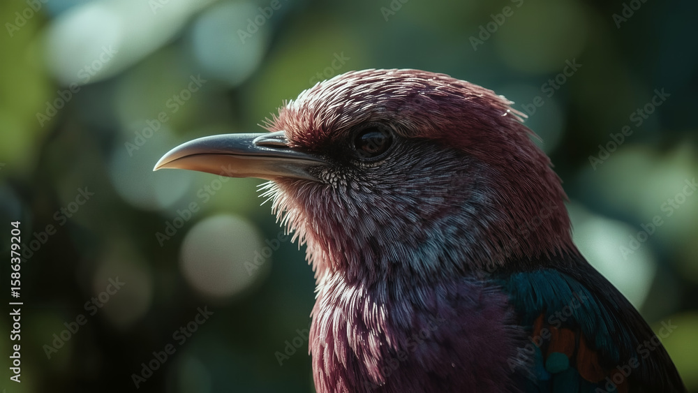 Obraz premium Highly Detailed Photorealistic Cinematic Close-up of a Lilac-breasted Roller with Vibrant Plumage and Distinctive Beak - Majestic African Bird Portrait.