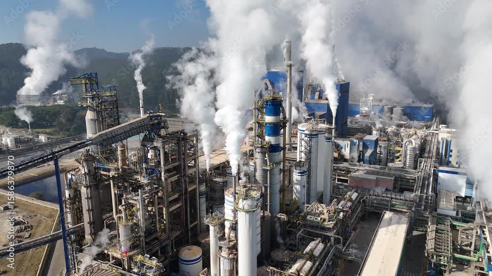 Vista aérea de uma indústria de papel e celulose no brasil, reunindo áreas industriais, caldeiras, fornalhas, planta industrial, logísticas e tratamento ambiental em uma única imagem