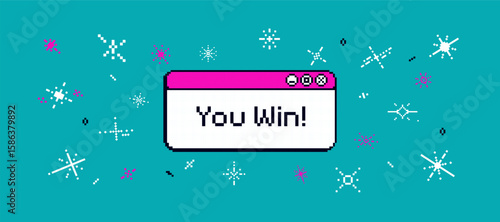 Pixel game background with text "you win". 8bit sparkle,  confetti, sticker. Congratulation banner for winner, 90s vibe.