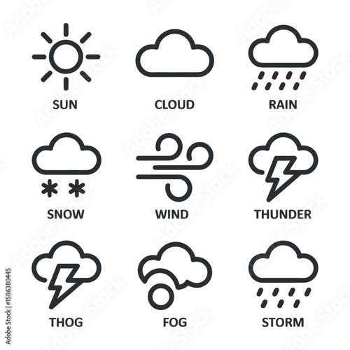 Weather Icons Set - Line Art Vector Symbols for Sun, Cloud, Rain, Snow, Wind, Thunder, Thog, Fog, and Storm - Minimalist Weather Forecast Elements