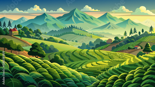 Himalayan Foothills, Darjeeling, India – Verdant tea plantations blanket the hills. The distant peaks of the Himalayas loom above, forming a serene and layered vector composition of lush nature.
