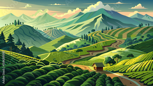 Himalayan Foothills, Darjeeling, India – Verdant tea plantations blanket the hills. The distant peaks of the Himalayas loom above, forming a serene and layered vector composition of lush nature.