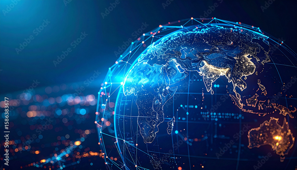 Fototapeta premium Global Connection: A dazzling visual representation of our interconnected world, showcasing a luminous globe encircled by a network of data connections and digital nodes.