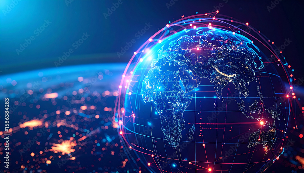 Fototapeta premium Digital Globe: A mesmerizing digital rendering of Earth, showcasing a network of interconnected lines and points of light, symbolizing global connectivity and technological advancement.