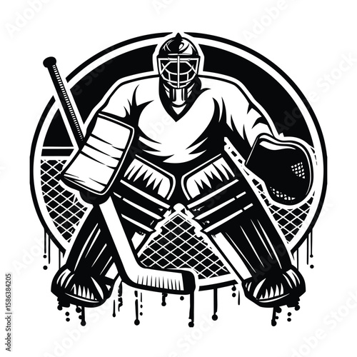 Hockey goalie in defensive stance with stick and net silhouette