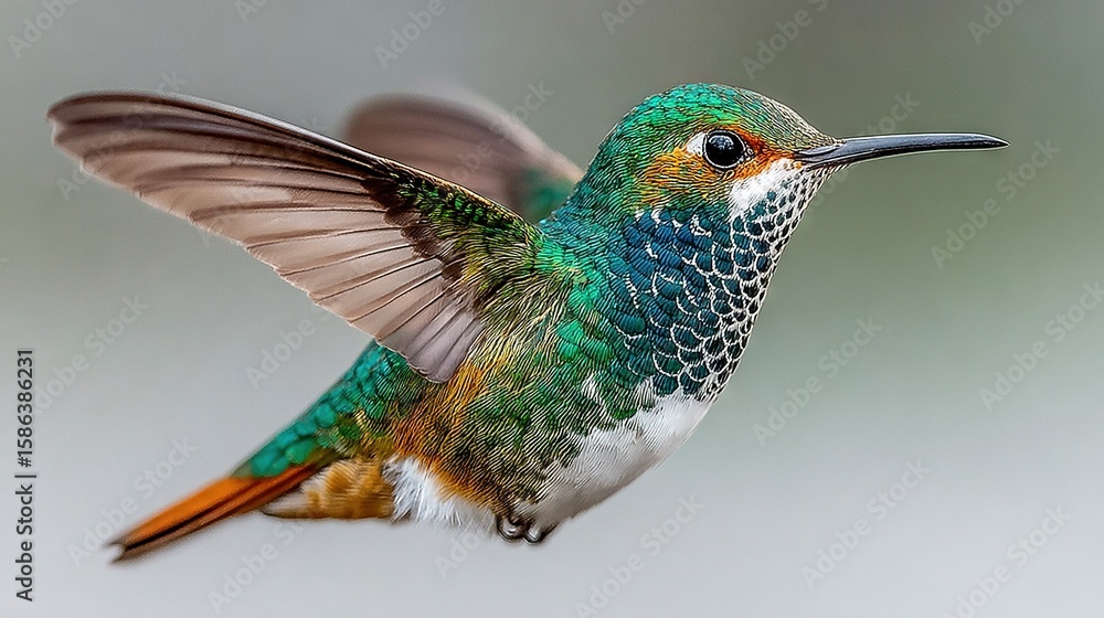 Obraz premium Hummingbirds are renowned for their incredible speed and agility One such creature is captured in this image, as it gracefully flies through the sky Its wings are outstretched