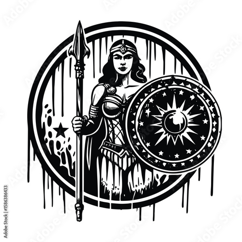 Warrior woman with spear and shield in circular design silhouette