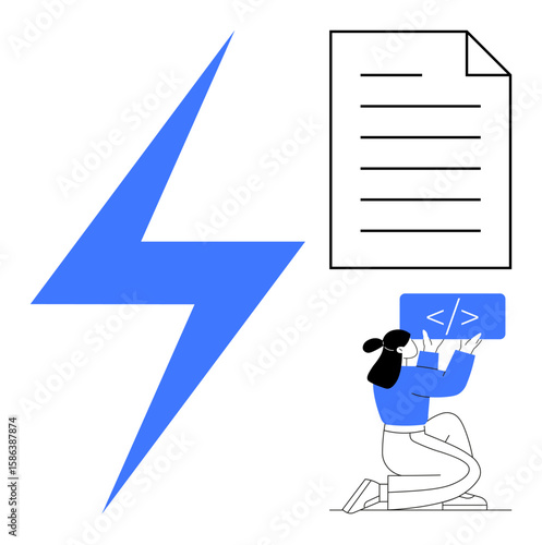 Female coder working on code tablet near lightning and document, tech and creativity. Ideal for innovation, tech tools, speed, power, coding, digital workflow, simple landing page