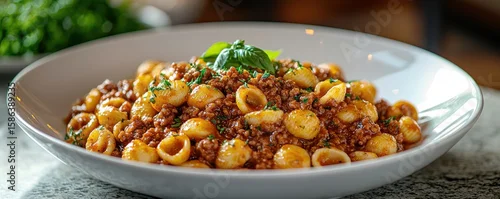 Panel kuchenny z motywem Delicious orecchiette pasta with bolognese sauce served in a white bowl