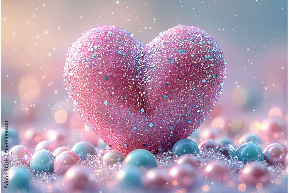 Obraz premium Pink sparkling heart and colorful pearls in a dreamy pastel setting
