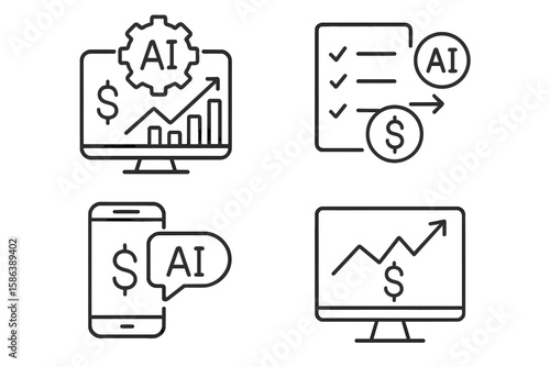 AI in finance line icon set. Fintech vector pictograms of analytics, prediction, checklist, transaction monitor, mobile app, chatbot, and business chart. Thin linear design.