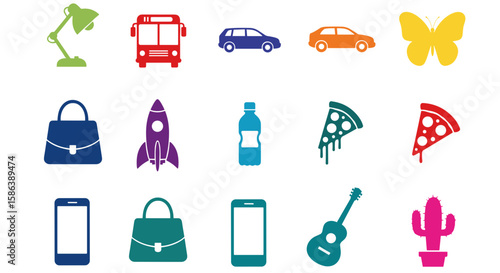 Icon set featuring diverse objects like cars, food, and nature  