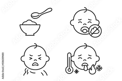 Baby feeding problem line icon set. Vector pictograms of food allergy, colic, reflux, spit. Crying infant, discomfort, hot cold temperature, spoon linear icons.