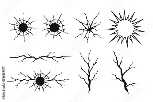 Bullet holes and cracks vector set. Shattered glass, wall damage, and ground crack line art illustration. Explosion and destruction impact effect symbols on white background.