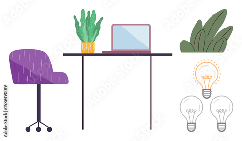 Laptop on table with purple swivel chair, greenery accents, and glowing lightbulbs symbolizing ideas. Ideal for creativity, productivity, remote work ambiance, brainstorming, innovation, minimalism