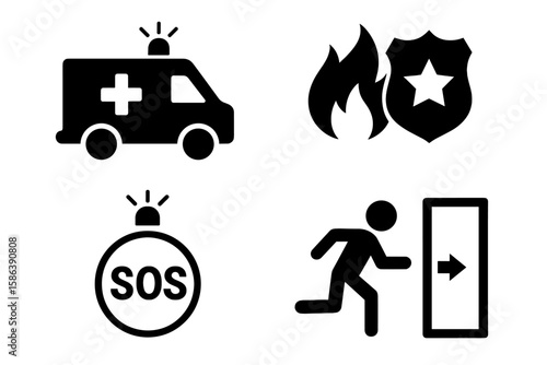 Emergency icon set. Safety symbols. Vector glyph pictogram. Ambulance car, medical aid. Fire department, police badge, law enforcement. SOS alert button. Evacuation exit sign.