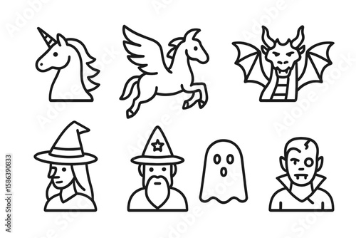 Fantasy creature line icon set with unicorn, pegasus, dragon, witch, wizard, ghost, vampire, and zombie. Vector thin linear pictograms of mythical beings and monsters.