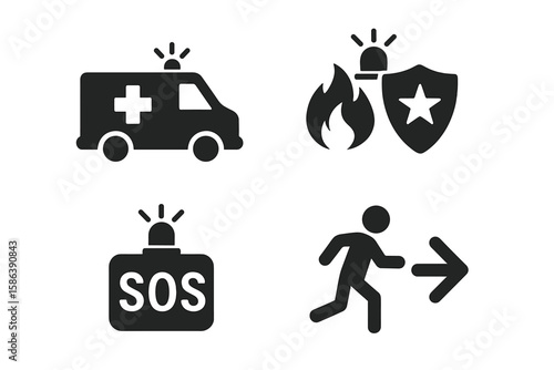 Emergency services and safety solid glyph icon set. Vector pictograms of ambulance, fire, police, SOS, evacuation, disaster response, medical aid, and law enforcement.