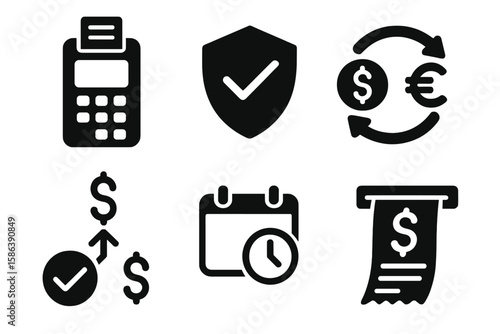 Finance and payment solid glyph icons set. Vector collection of pictograms includes POS terminal, secure transaction, currency exchange, split payment, schedule, and invoice.