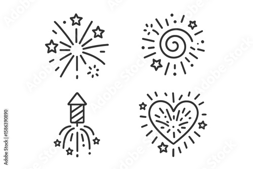 Firework celebration vector line icon set. Simple pictograms of pyrotechnic bursts, star, spiral, rocket, and heart-shaped explosion for a party or New Year's Eve.