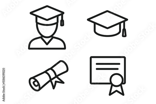 Graduation line icon set. Student and academic achievement symbols. Vector pictogram of mortarboard cap, diploma scroll, and certificate. Thin linear education illustration.