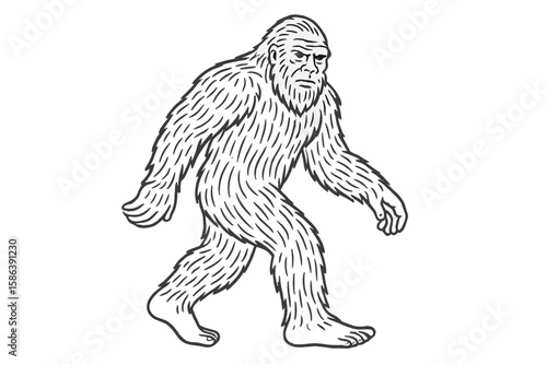 Bigfoot walking line art. Sasquatch mythical creature illustration for cryptozoology, mystery, and paranormal themes. Wilderness legend hairy ape monster character. Vector icon.