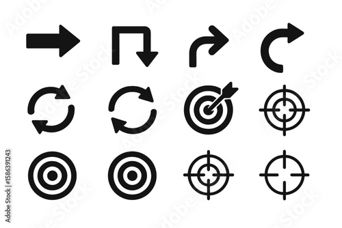 Set of black direction arrow icons. Turning signs, circular motion, and refresh symbols. Dartboard, bullseye, and crosshair for targeting, aim, and goals. Vector graphic.