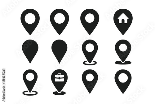 Black map pin vector icons set. Location marker, navigation symbol, and GPS pointer for destination. Position for web, app, home address, and business office location.