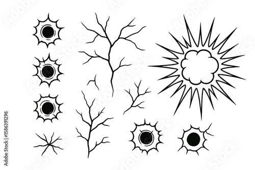 Bullet holes, cracks, and explosion line art set. Vector illustration of damage, destruction, and impact. Graphic elements for comic book, action scene, or game design.