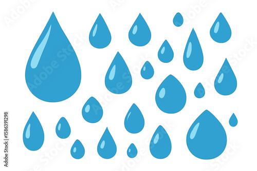 Blue water drop and droplet icon set. Vector illustration collection of various shapes and sizes. Pure, clean liquid, aqua, or rain tear design elements on transparent background.